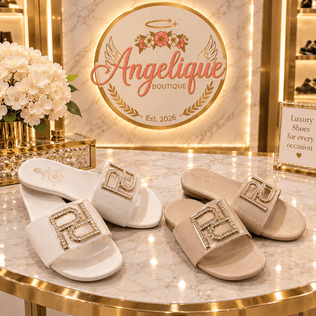 Crystal Logo Slide Sandals – White & Nude | Luxury Style - Angelique Boutique