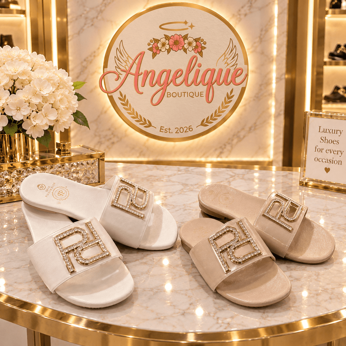 Crystal Logo Slide Sandals – White & Nude | Luxury Style - Angelique Boutique