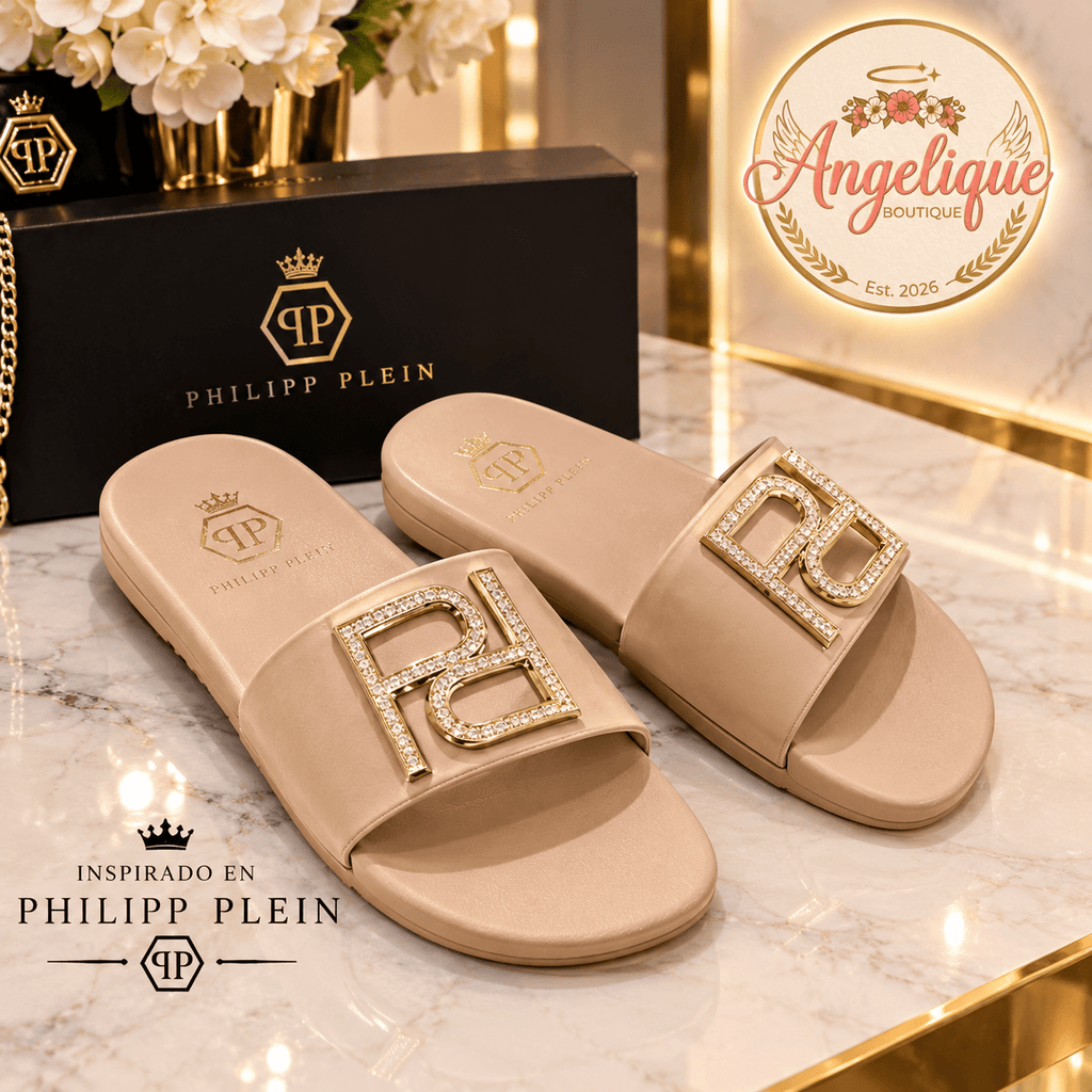 Crystal Logo Slide Sandals – White & Nude | Luxury Style - Angelique Boutique