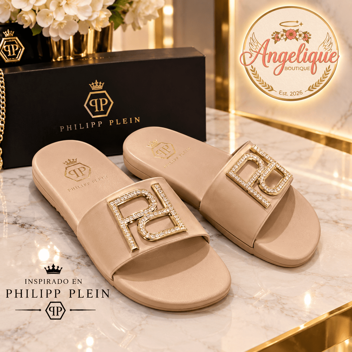 Crystal Logo Slide Sandals – White & Nude | Luxury Style - Angelique Boutique
