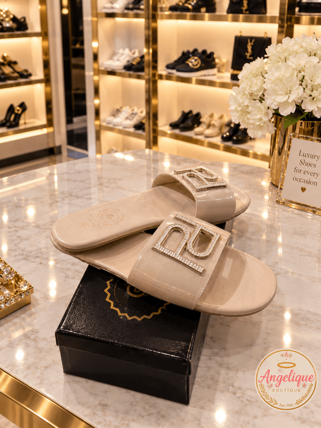 Crystal Logo Slide Sandals – White & Nude | Luxury Style - Angelique Boutique