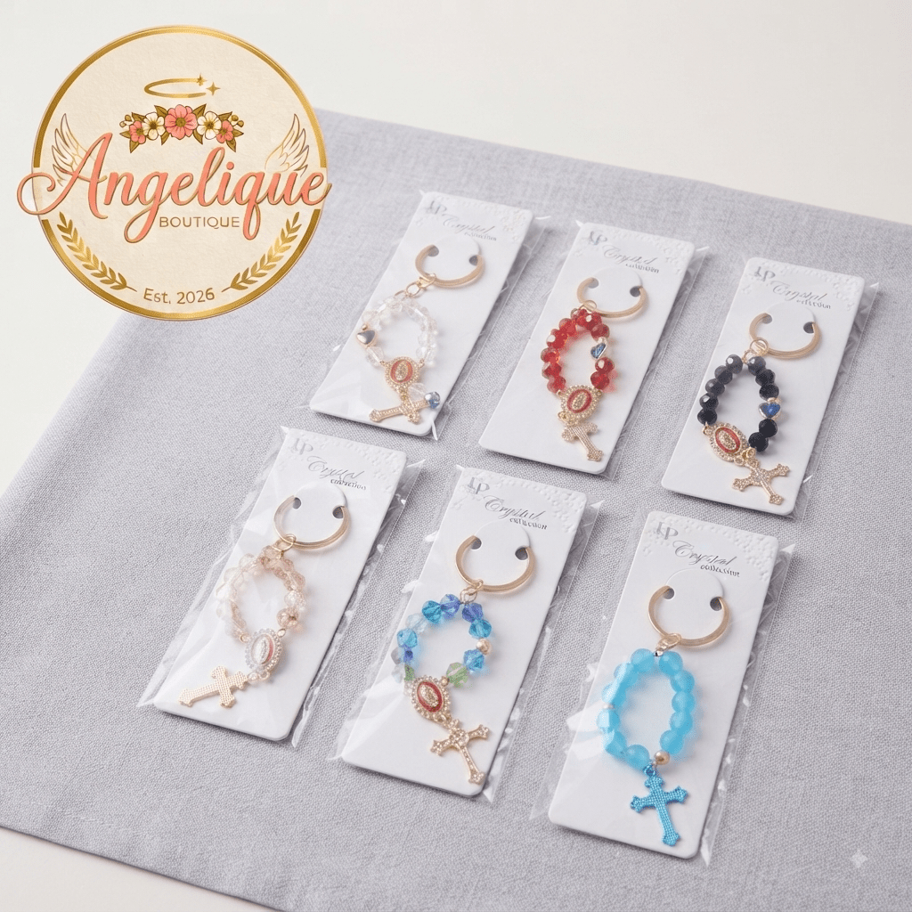 Crystal Rosary Keychain with Guadalupe Medal – 6 Colors - Angelique Boutique