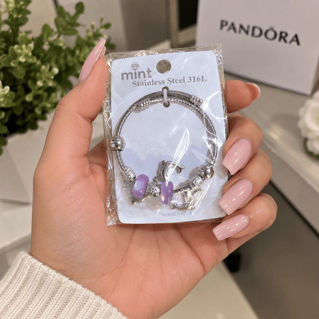 Dolphin Charm Bead Bracelet – Pandora Style Stainless Steel - Angelique Boutique