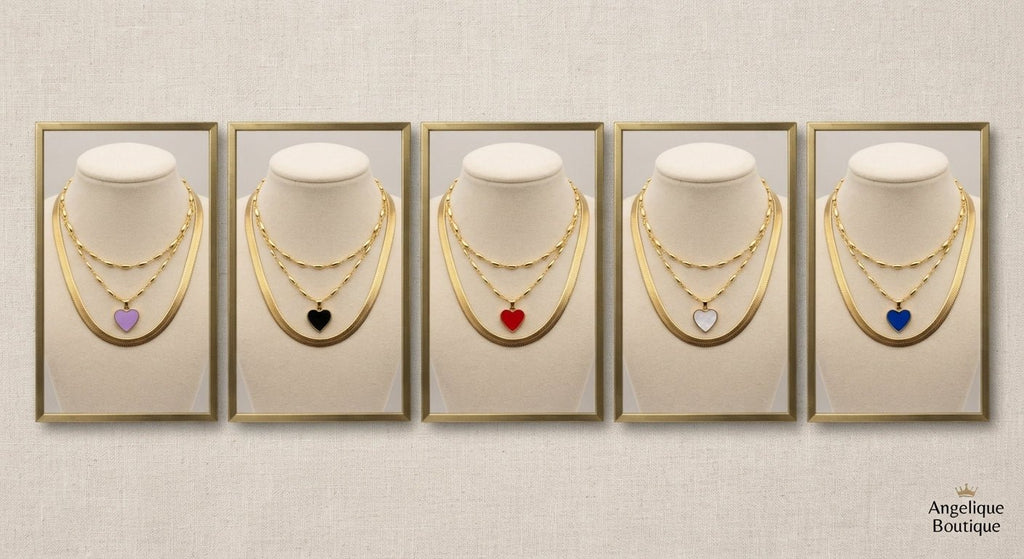 Double Chain Colored Heart Necklace Stainless Steel - Angelique Boutique