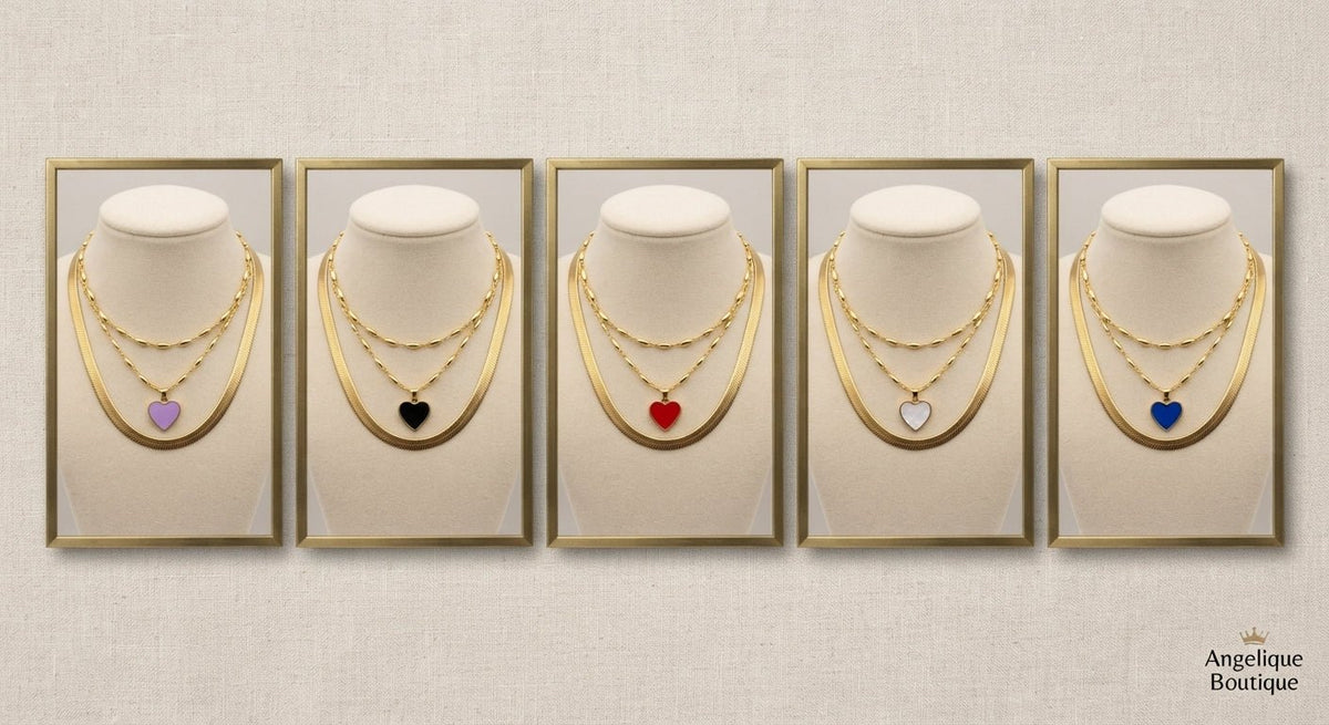 Double Chain Colored Heart Necklace Stainless Steel - Angelique Boutique