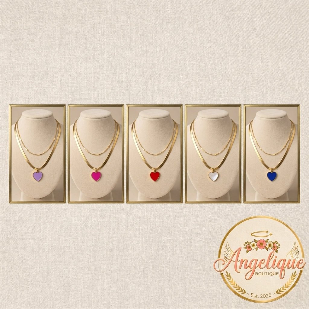 Double Chain Colored Heart Necklace Stainless Steel - Angelique Boutique