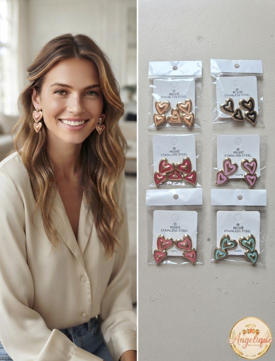 Double Heart Stainless Steel Earrings – Colorful Enamel Studs - Angelique Boutique