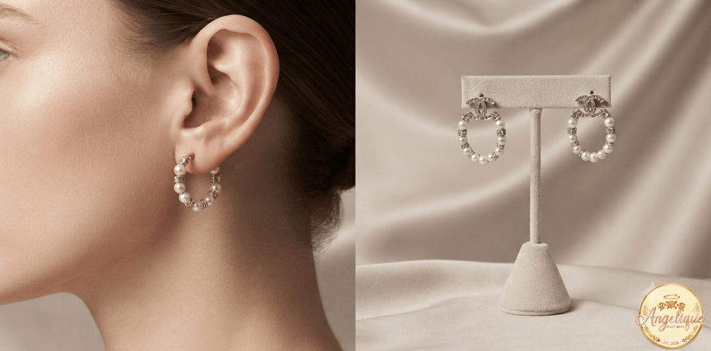 Elegant classic fashion earrings gold tone pearl crystal women jewelry Angelique Boutique