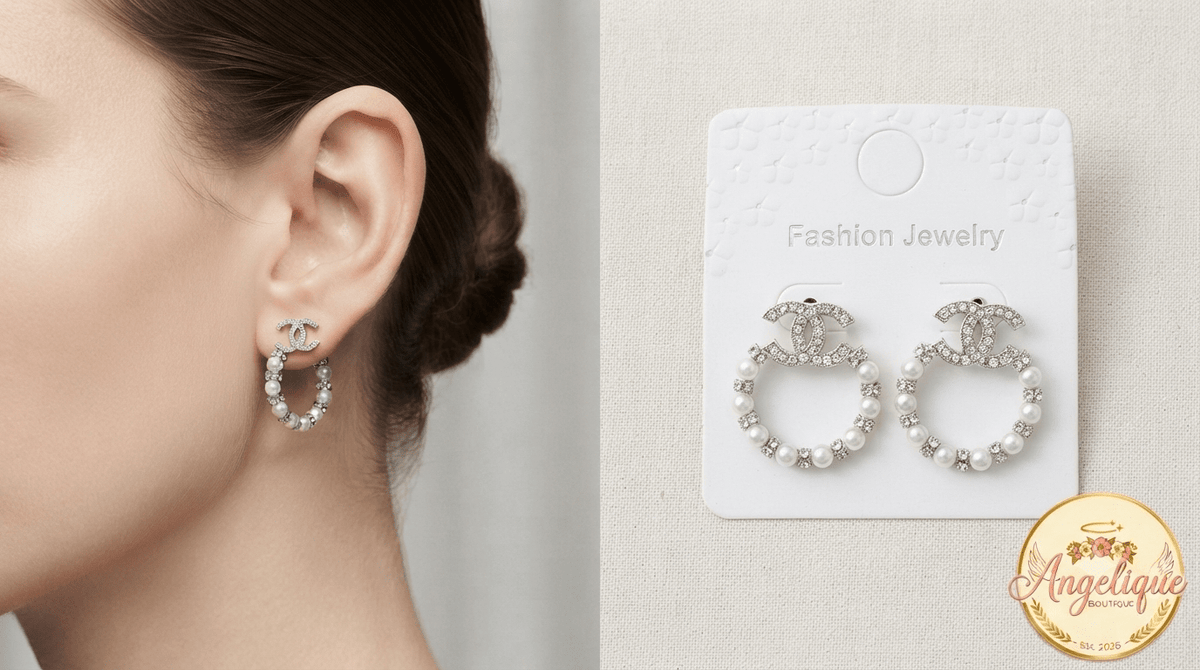 Elegant classic fashion earrings gold tone pearl crystal women jewelry Angelique Boutique