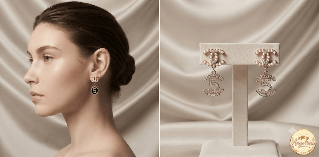 Elegant classic fashion earrings gold tone pearl crystal women jewelry Angelique Boutique