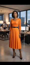 Elegant Lace Midi Dress with Flared Skirt - Angelique Boutique