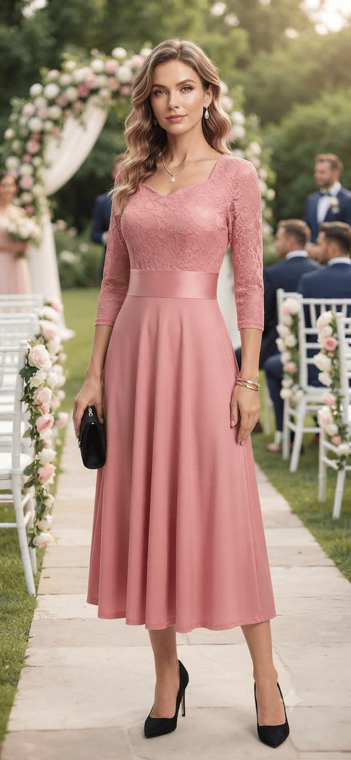 Elegant Lace Midi Dress with Flared Skirt - Angelique Boutique