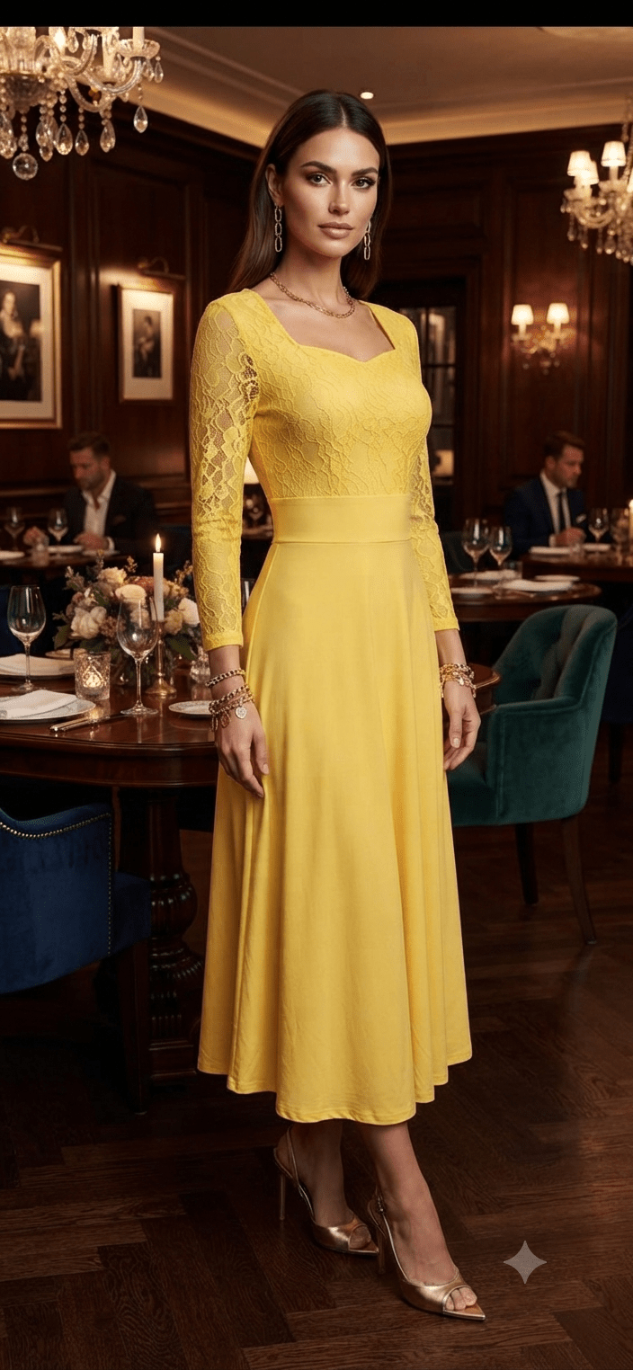 Elegant Lace Midi Dress with Flared Skirt - Angelique Boutique