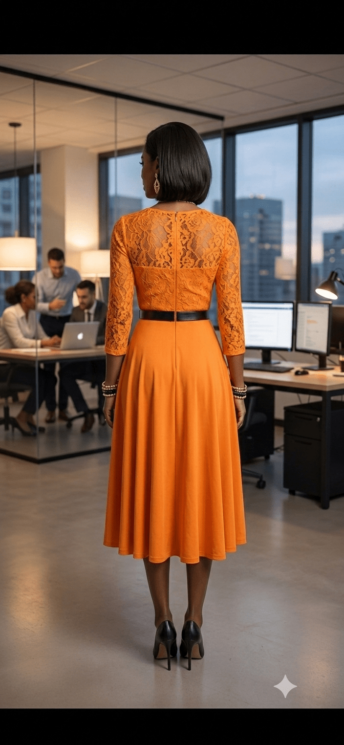 Elegant Lace Midi Dress with Flared Skirt - Angelique Boutique