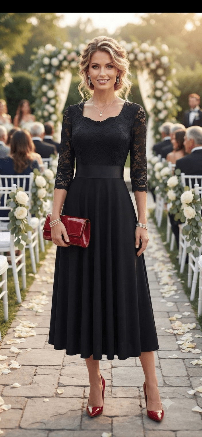 Elegant Lace Midi Dress with Flared Skirt - Angelique Boutique