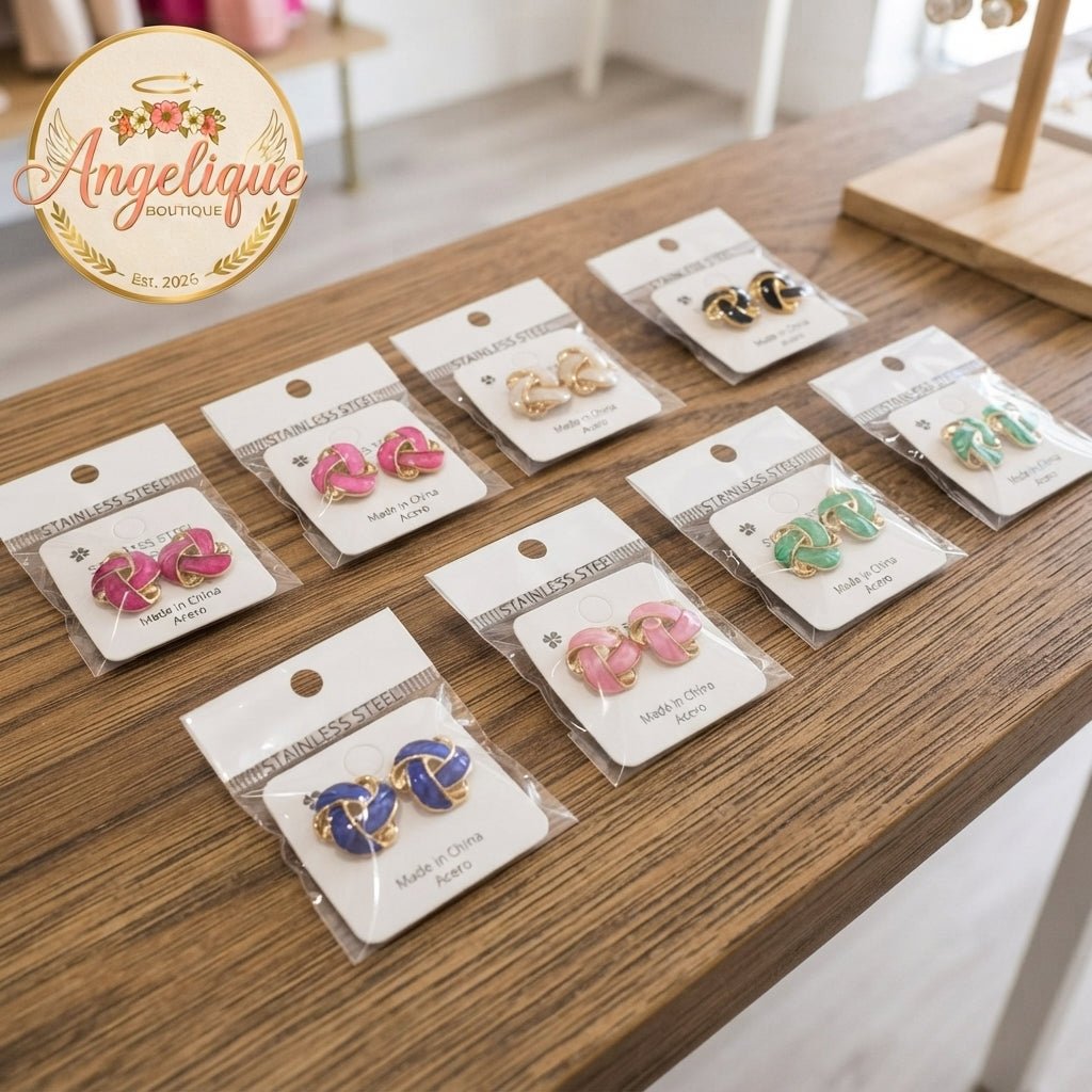 Enamel Knot Stud Earrings – Gold-Tone Stainless Steel - Angelique Boutique