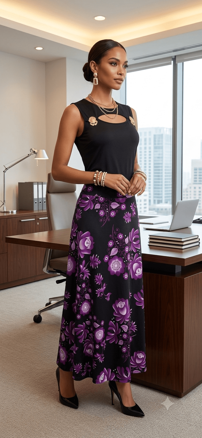 Floral A-Line Midi Skirt & Cutout Top Set - Angelique Boutique