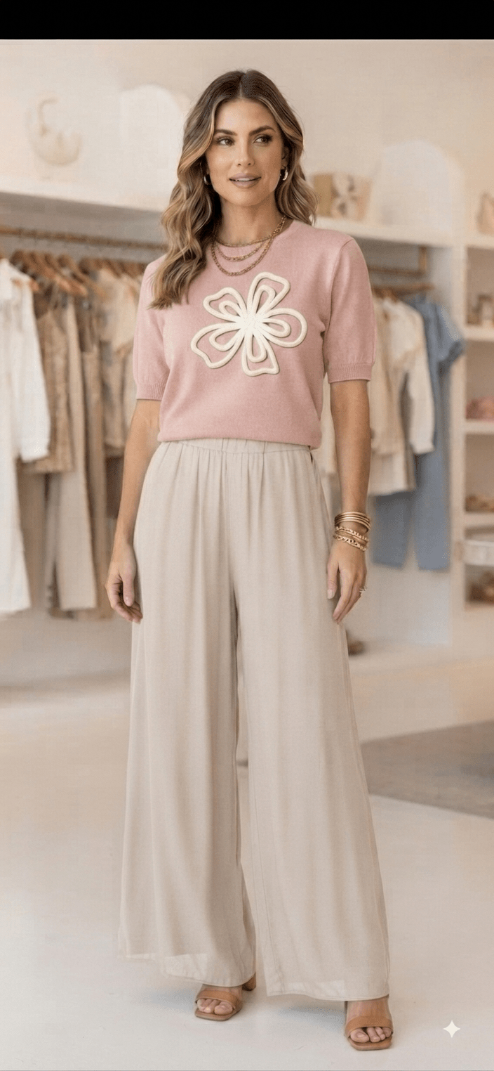 Floral Knit Top for Women – Short Sleeve Flower Embroidery 6 Colors - Angelique Boutique
