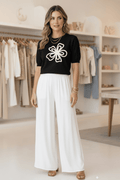 Floral Knit Top for Women – Short Sleeve Flower Embroidery 6 Colors - Angelique Boutique