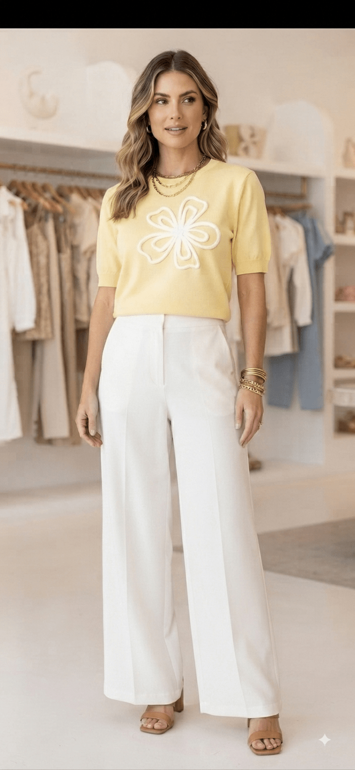 Floral Knit Top for Women – Short Sleeve Flower Embroidery 6 Colors - Angelique Boutique