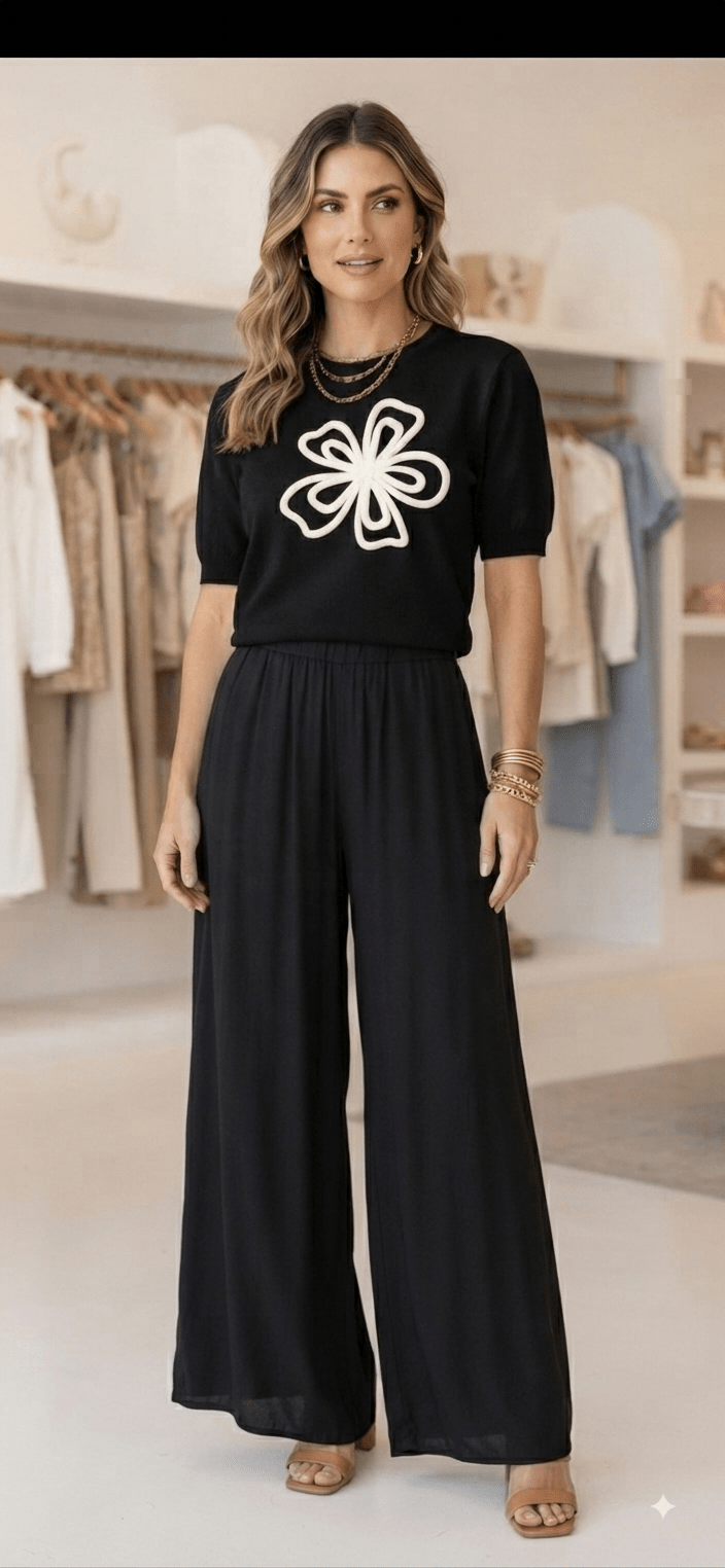 Floral Knit Top for Women – Short Sleeve Flower Embroidery 6 Colors - Angelique Boutique