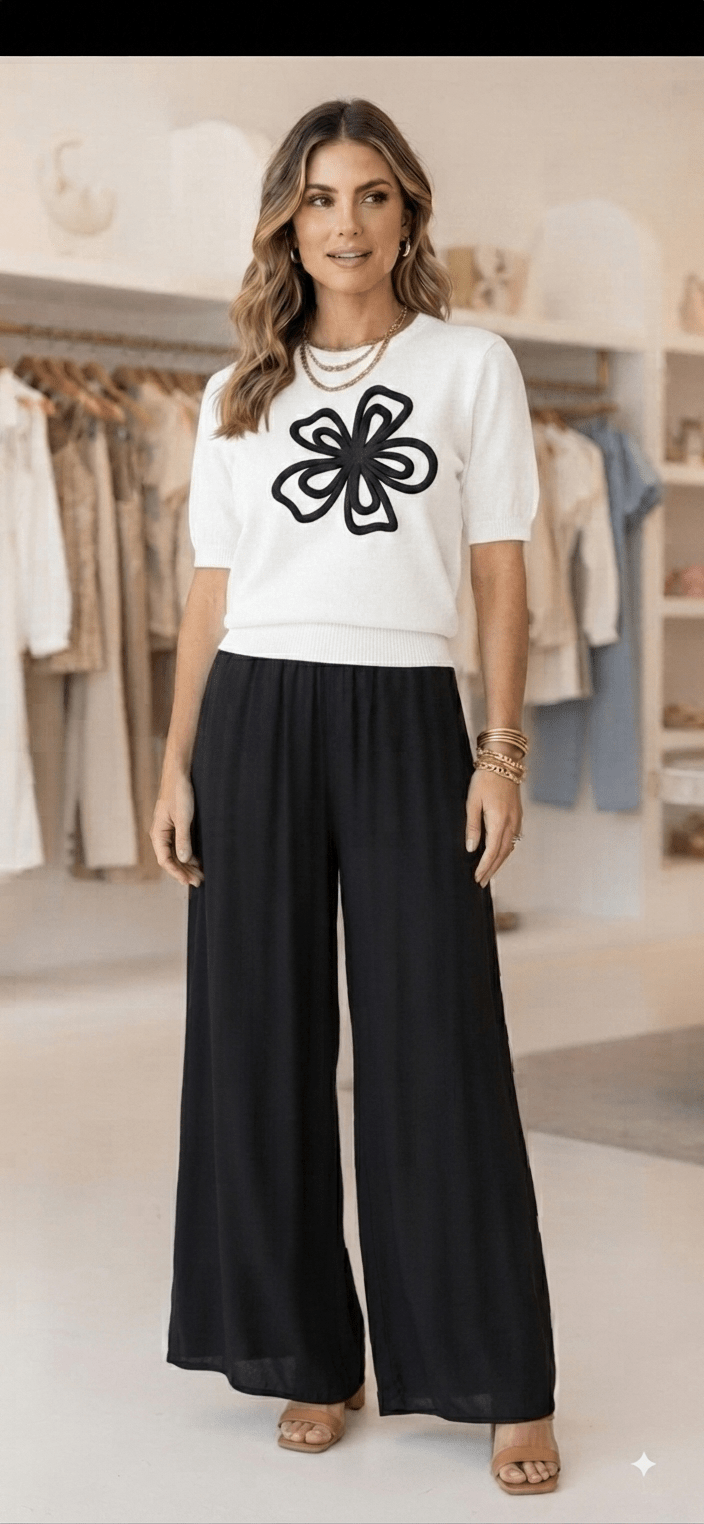 Floral Knit Top for Women – Short Sleeve Flower Embroidery 6 Colors - Angelique Boutique