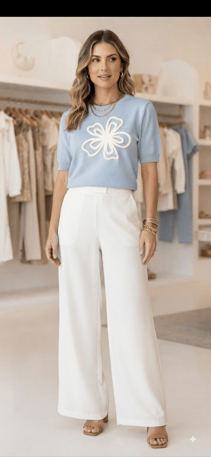 Floral Knit Top for Women – Short Sleeve Flower Embroidery 6 Colors - Angelique Boutique