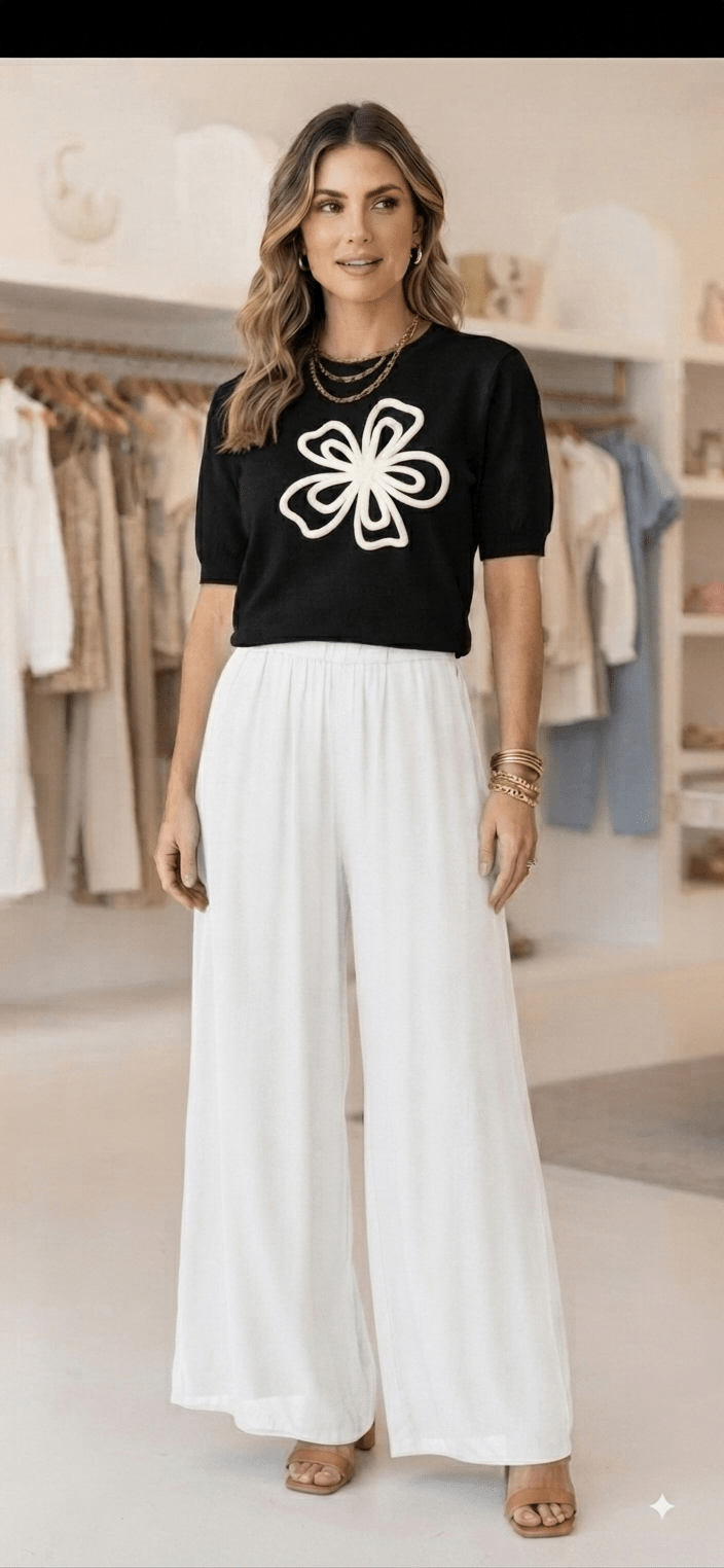 Floral Knit Top for Women – Short Sleeve Flower Embroidery 6 Colors - Angelique Boutique