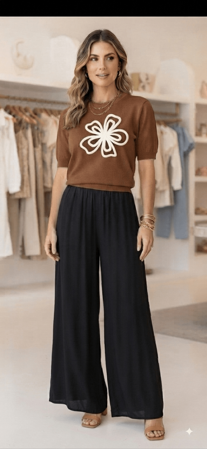Floral Knit Top for Women – Short Sleeve Flower Embroidery 6 Colors - Angelique Boutique