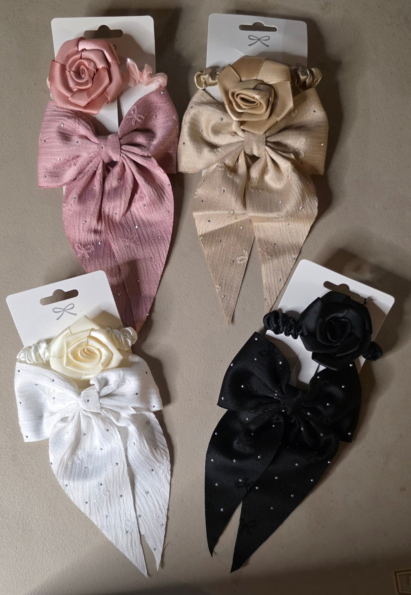 Girls Hair Bow & Rose Scrunchie Set 2 Pcs – Rhinestone 4 Colors - Angelique Boutique