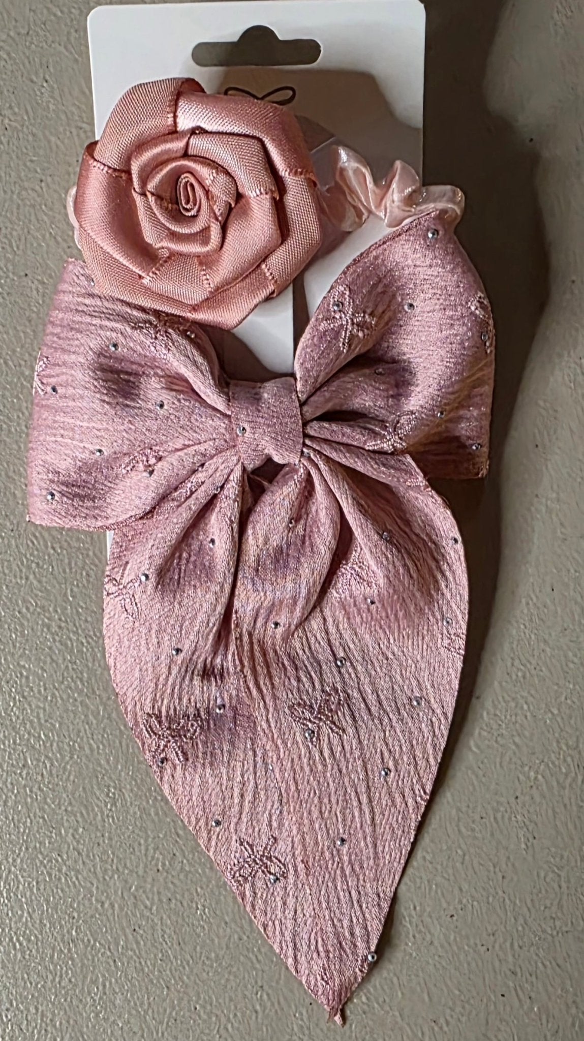 Girls Hair Bow & Rose Scrunchie Set 2 Pcs – Rhinestone 4 Colors - Angelique Boutique