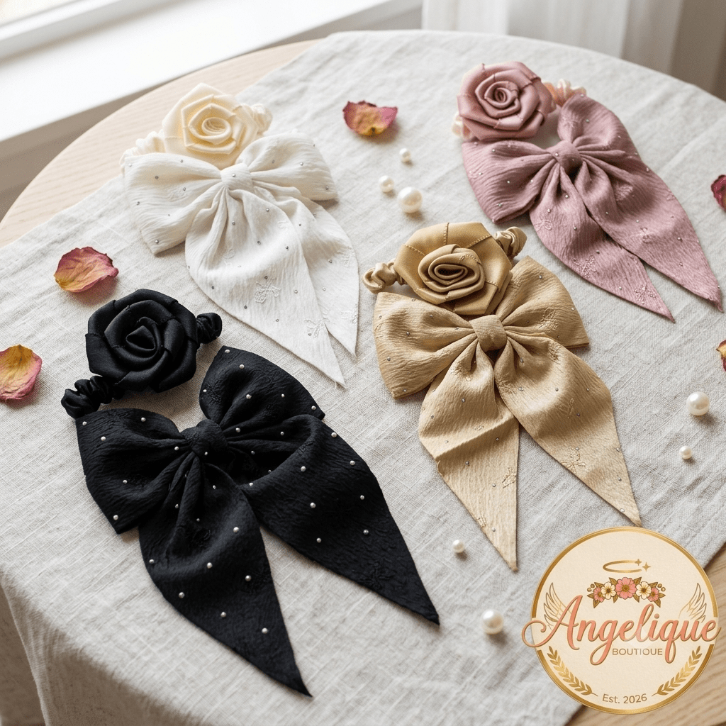 Girls Hair Bow & Rose Scrunchie Set 2 Pcs – Rhinestone 4 Colors - Angelique Boutique