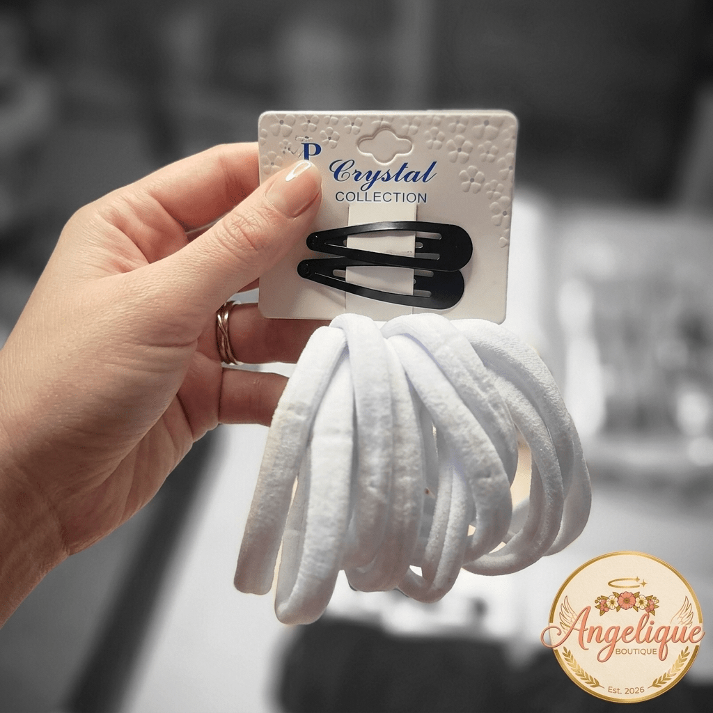 Hair Ties Set of 10 and 2 Pins – White Black Navy Blue - Angelique Boutique