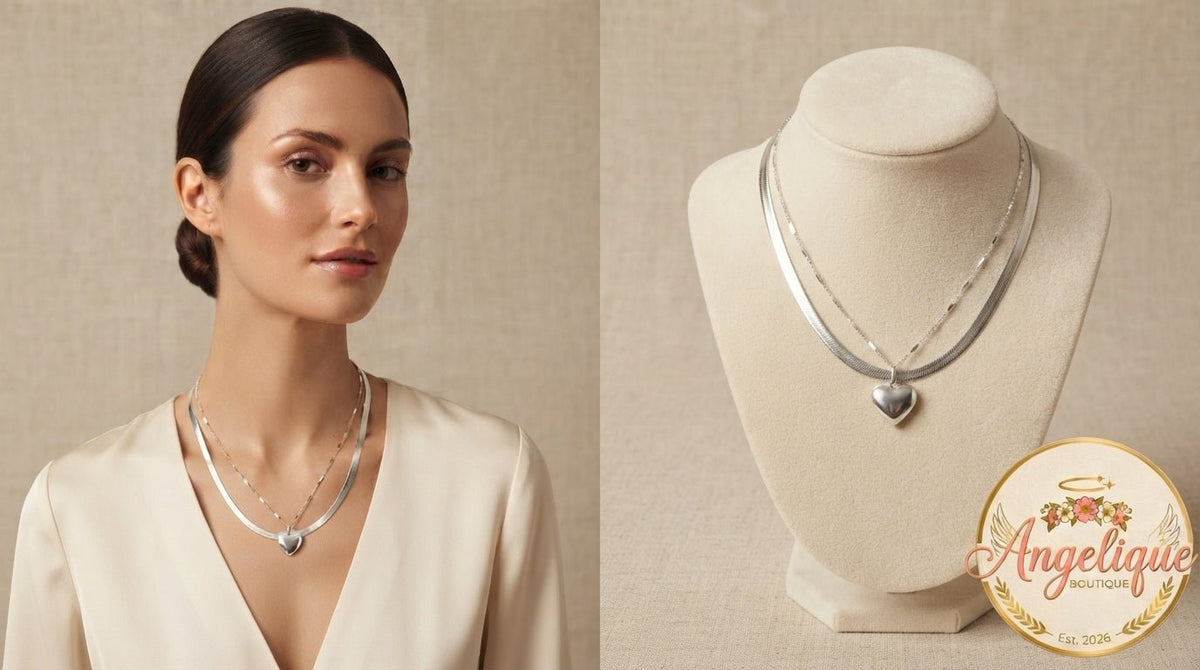 Double chain colored heart necklace stainless steel women jewelry Angelique Boutique