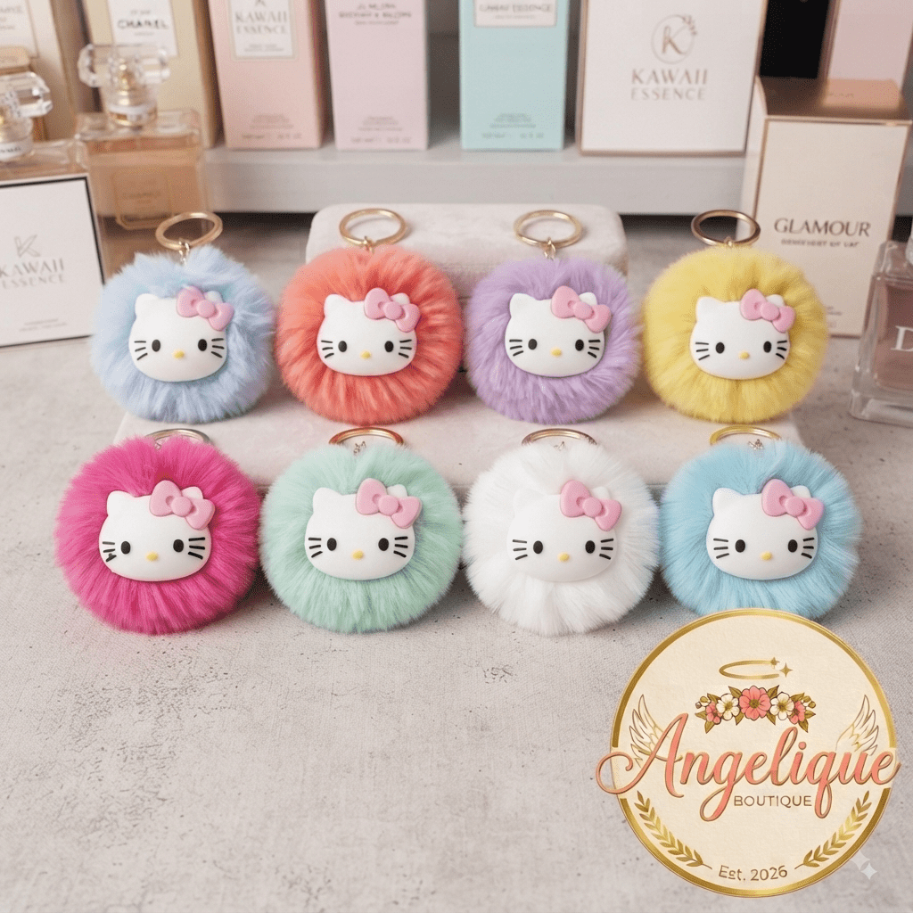 Hello Kitty Pom Pom Keychain – Fluffy Fur Ball - Angelique Boutique