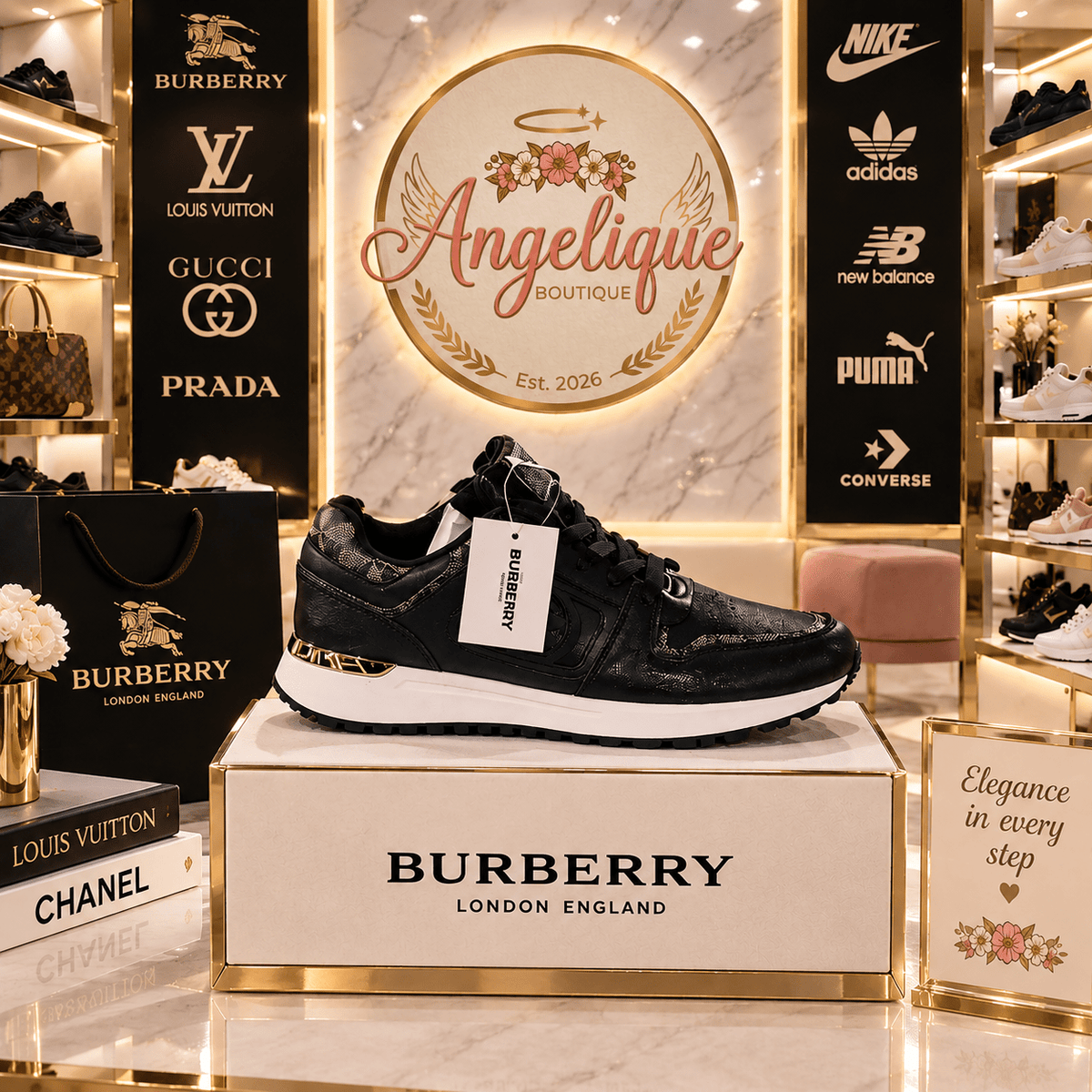 Luxury-Inspired Sneakers | White & Black | Size 10 - Angelique Boutique