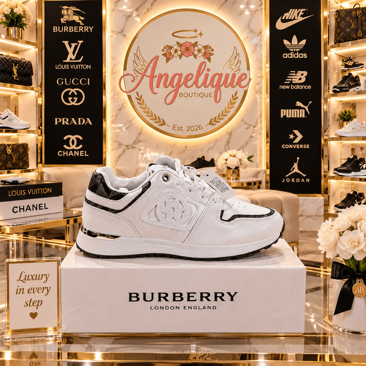 Luxury-Inspired Sneakers | White & Black | Size 10 - Angelique Boutique