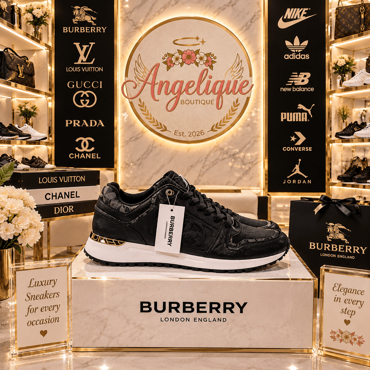 Luxury-Inspired Sneakers | White & Black | Size 10 - Angelique Boutique
