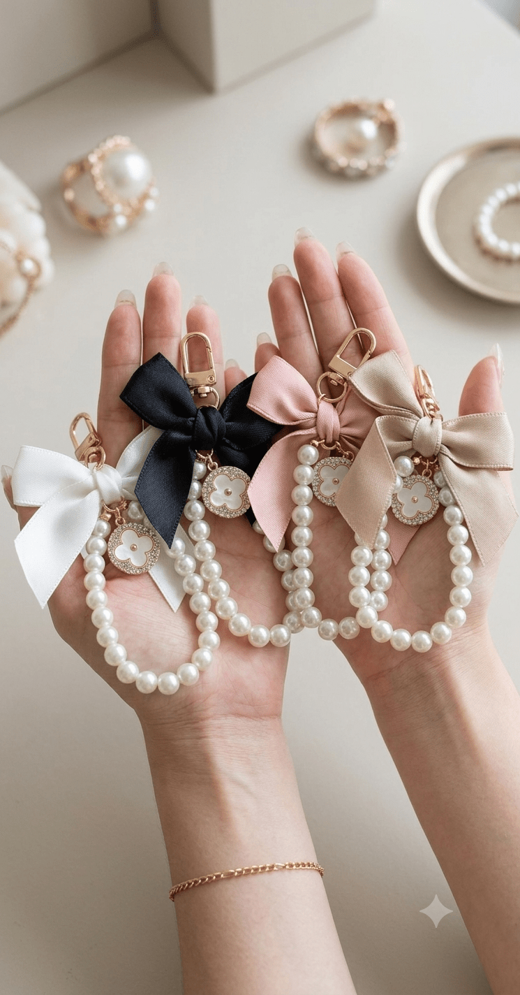 Luxury Pearl & Crystal Bead Keychain – Elegant Bag Charm - Angelique Boutique
