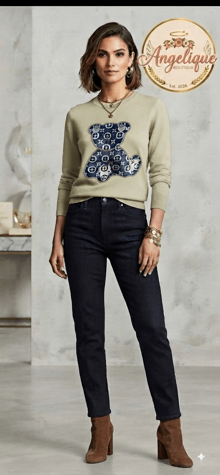 LV-Inspired Monogram Teddy Bear Sweater – Women’s Knit - Angelique Boutique