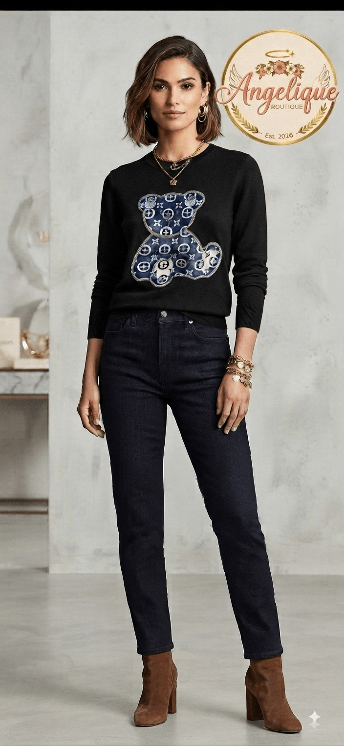 LV-Inspired Monogram Teddy Bear Sweater – Women’s Knit - Angelique Boutique