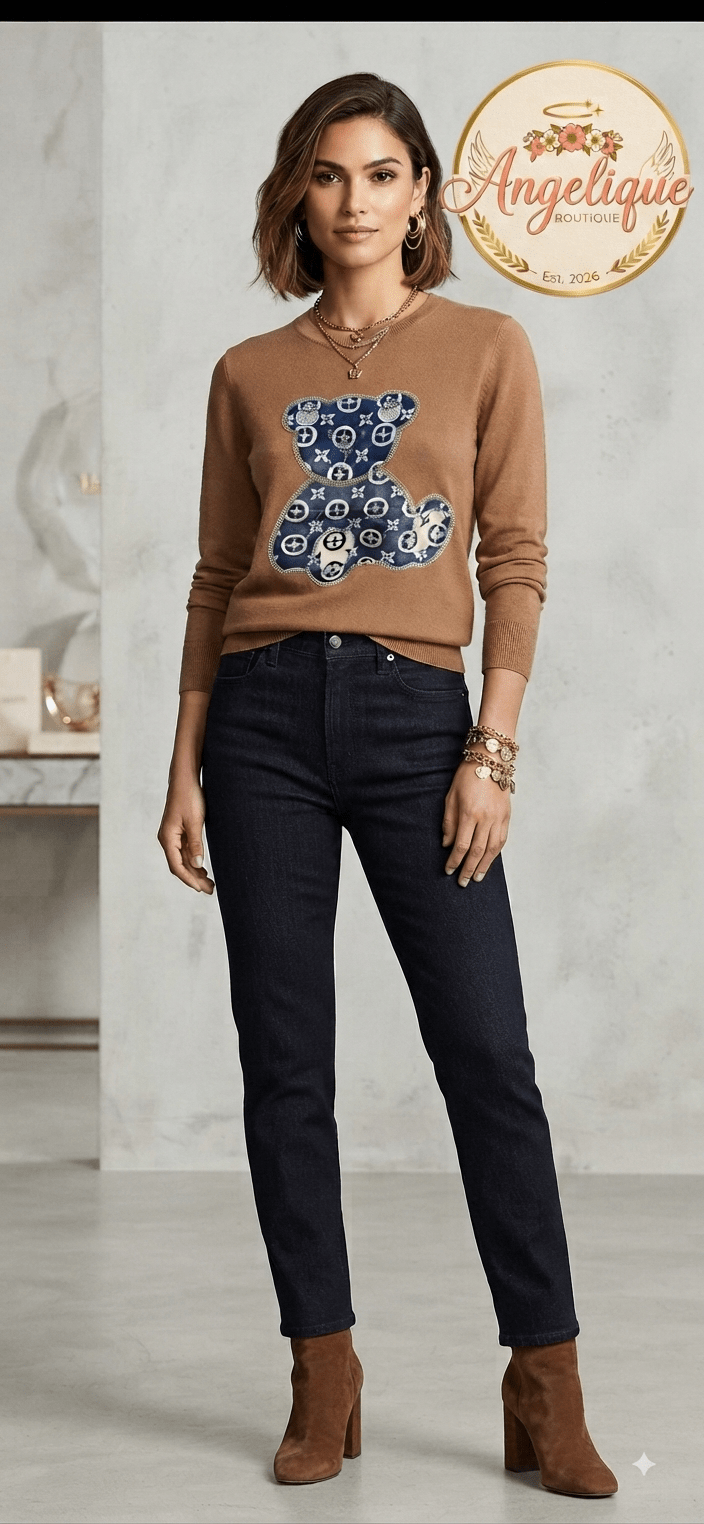 LV-Inspired Monogram Teddy Bear Sweater – Women’s Knit - Angelique Boutique