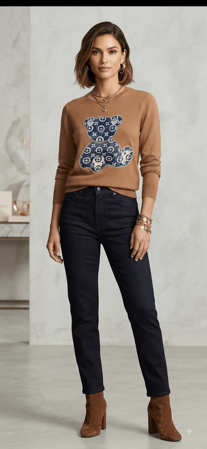 LV-Inspired Monogram Teddy Bear Sweater – Women’s Knit - Angelique Boutique
