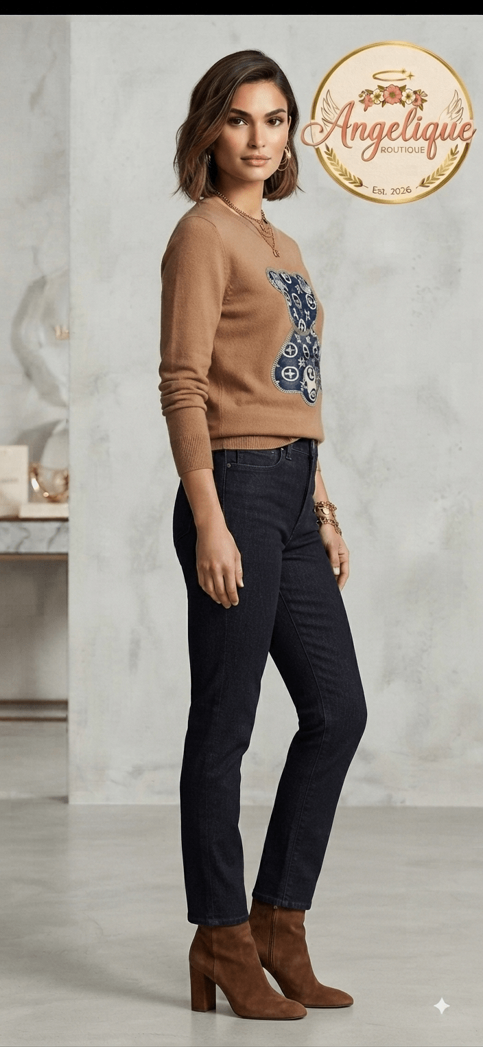LV-Inspired Monogram Teddy Bear Sweater – Women’s Knit - Angelique Boutique