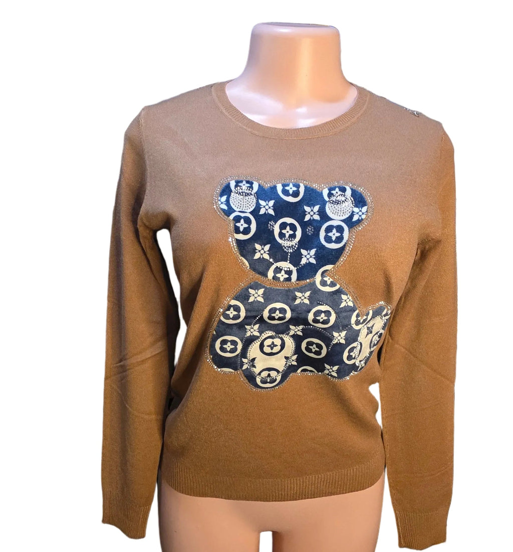 LV-Inspired Monogram Teddy Bear Sweater – Women’s Knit - Angelique Boutique