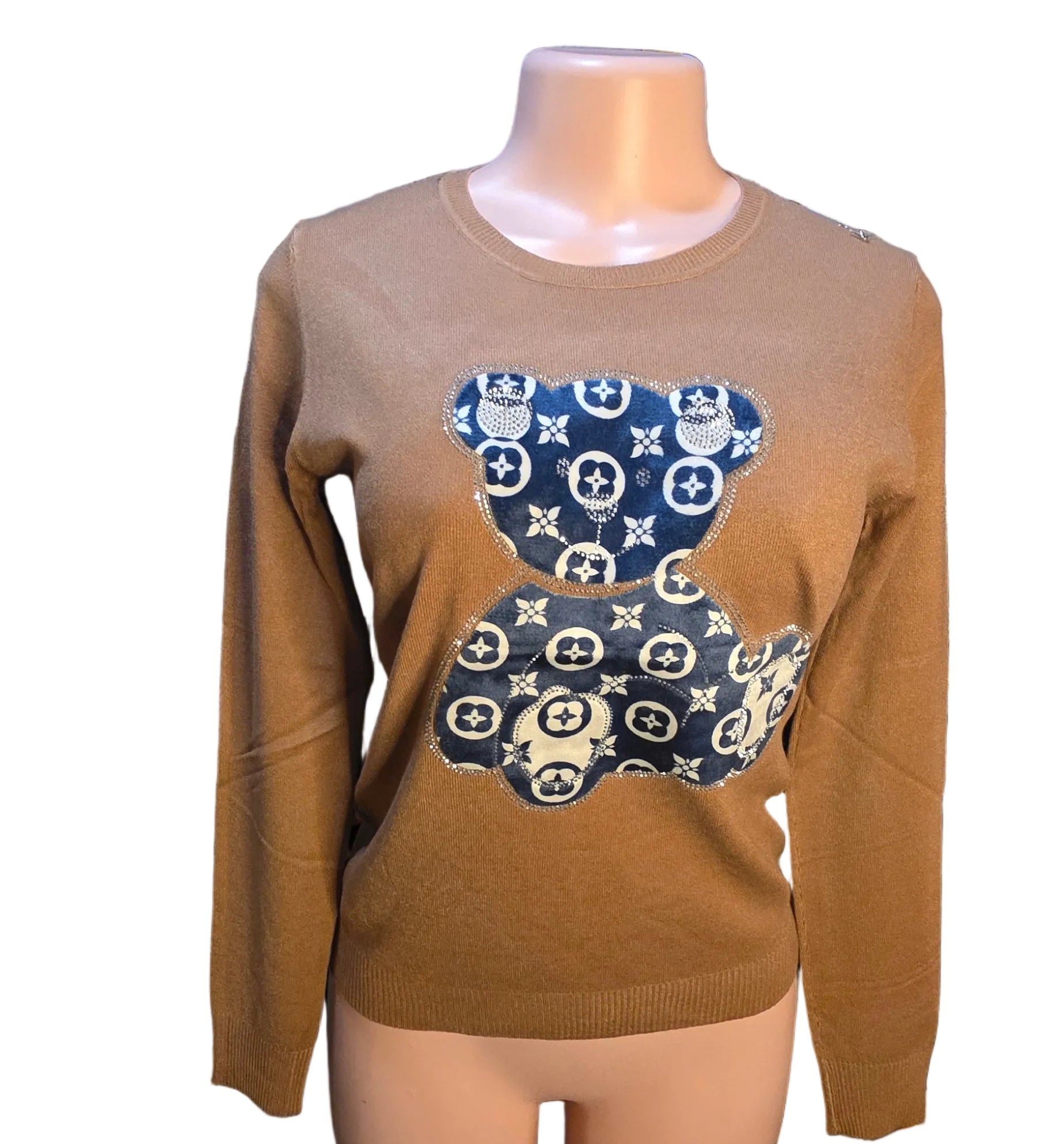 LV-Inspired Monogram Teddy Bear Sweater – Women’s Knit - Angelique Boutique