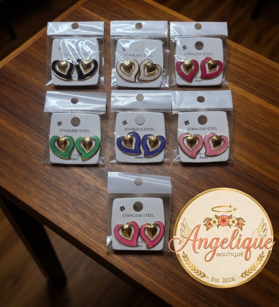 Open Heart Hoop Earrings – Gold-Tone Enamel Stainless Steel - Angelique Boutique