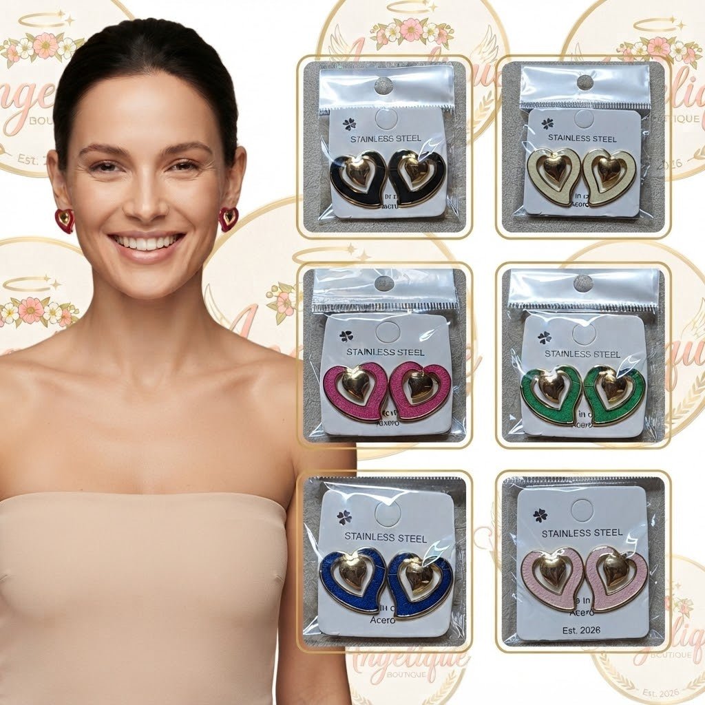 Open Heart Hoop Earrings – Gold-Tone Enamel Stainless Steel - Angelique Boutique