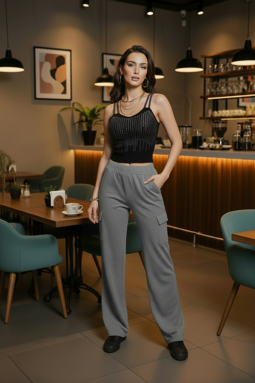 Pantalón Cargo Premium Mujer Cintura Elástica y Bolsillos | Negro Azul Vino Kaki Verde Gris