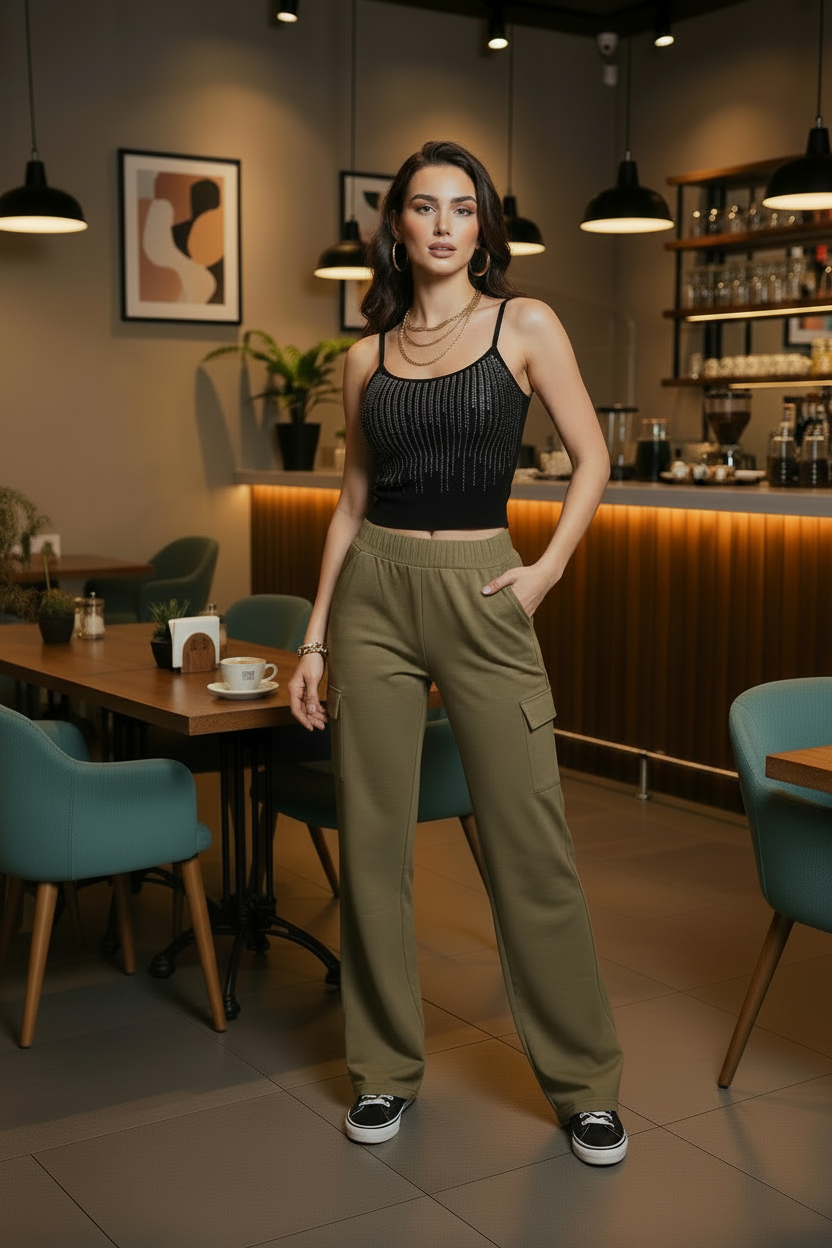 Pantalón Cargo Premium Mujer Cintura Elástica y Bolsillos | Negro Azul Vino Kaki Verde Gris